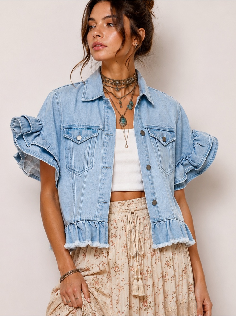 💙 Twelve by On Twelfth Ruffle Sleeve Denim Jacket Light Wash Cropped M